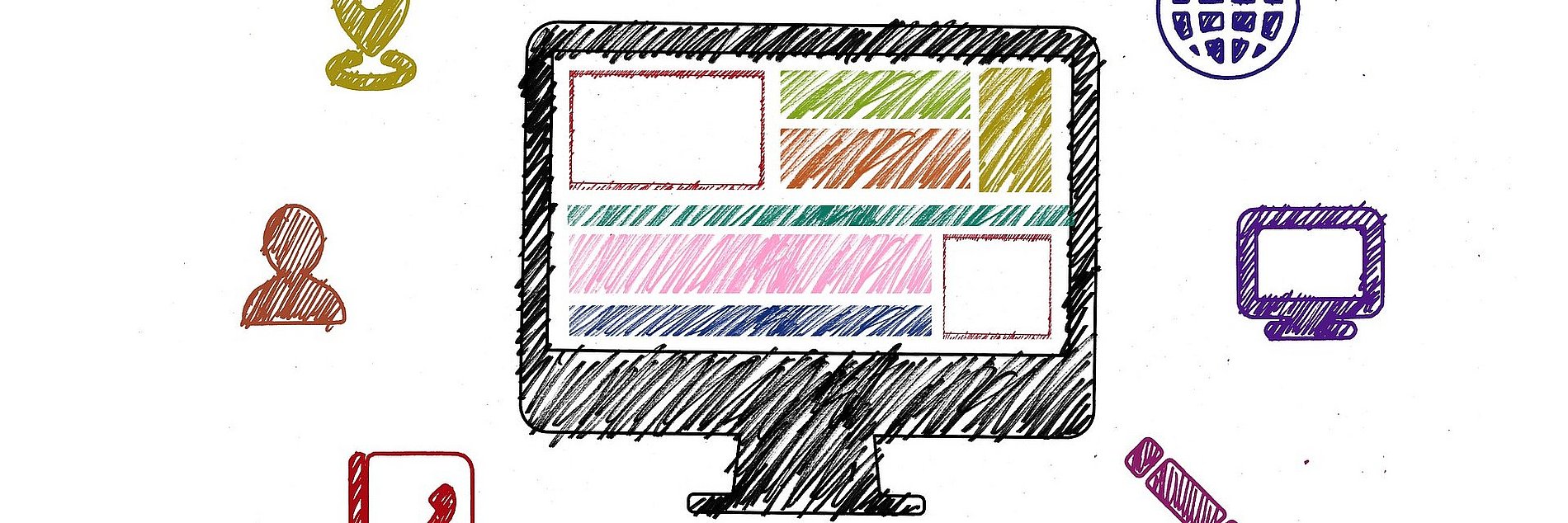 Monitor. Rings herum Symobe mit Kontaktmöglichkeiten.