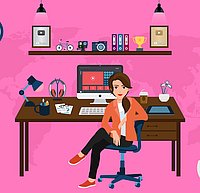 Zeichnung einer Frau auf einem Bürostuhl vor einem Schreibtisch