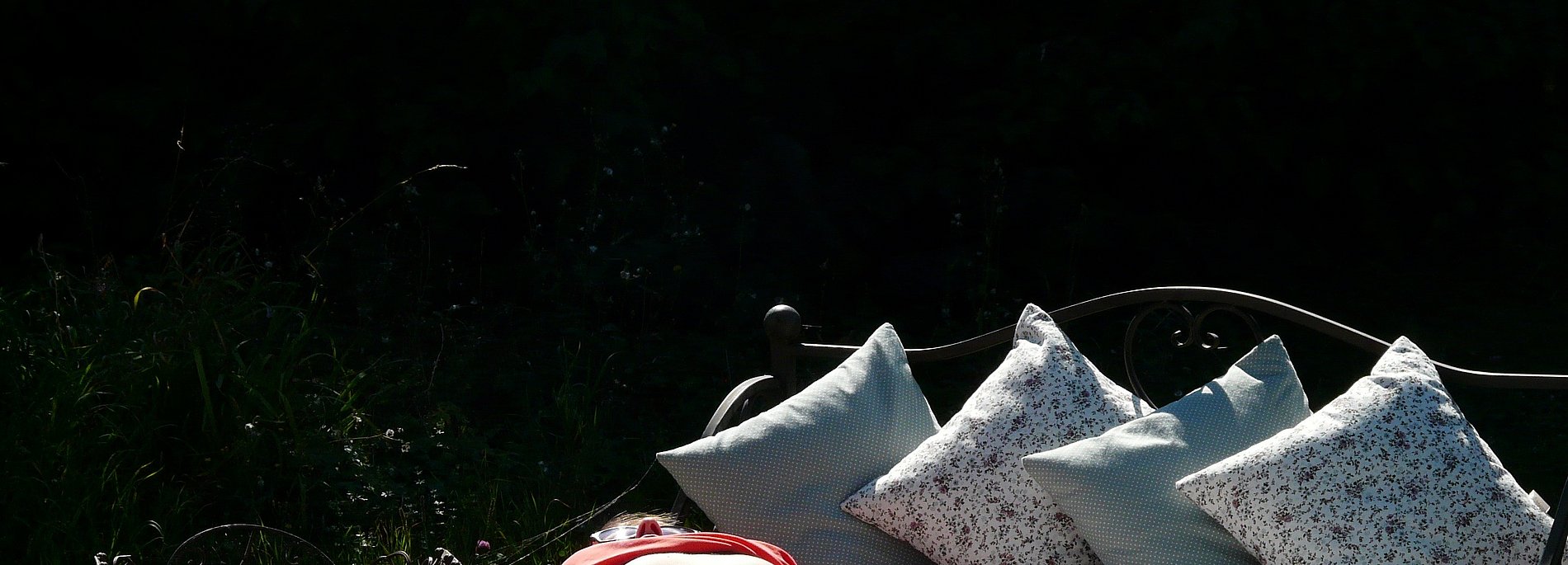 Ein Bett auf grüner Wiese. Darauf ruht sich ein Mensch aus.