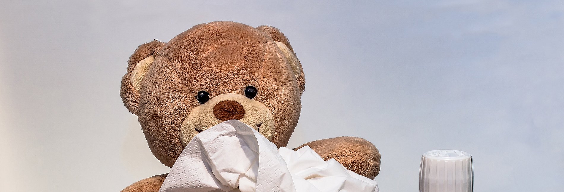 Kranker Teddybär mit Fieberthermometer Taschentüchern und Medizin
