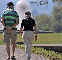 Älteres Paar von hinten spaziert durch einen Park