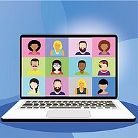 Notebook in einer Videokonferenz mit Gesichtern im Comic-Stil